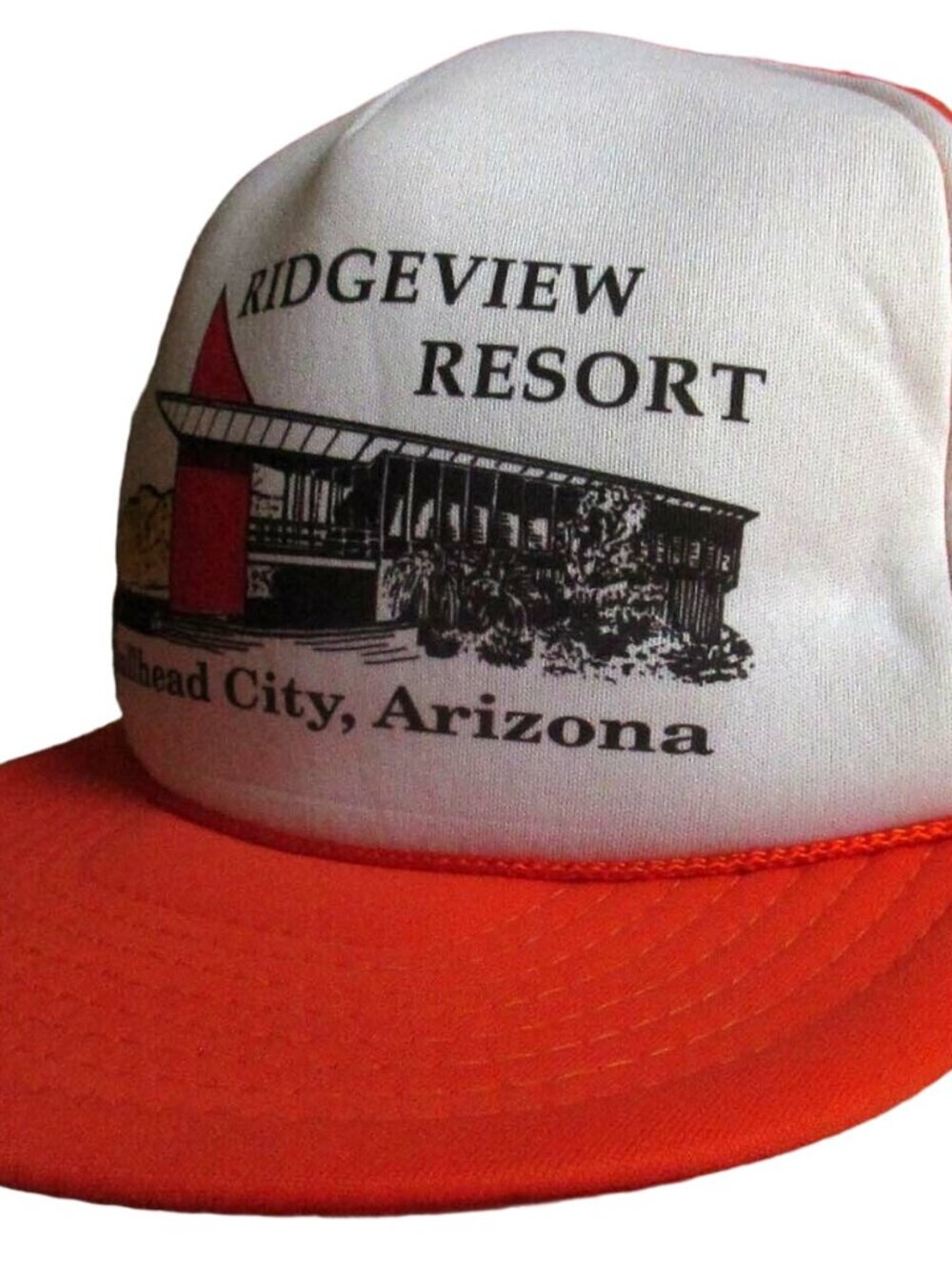 Mesh trucker Skater Cap NEW True Vtg 80s BULLHEAD ARIZONA RESORT ORANGE/WHITE